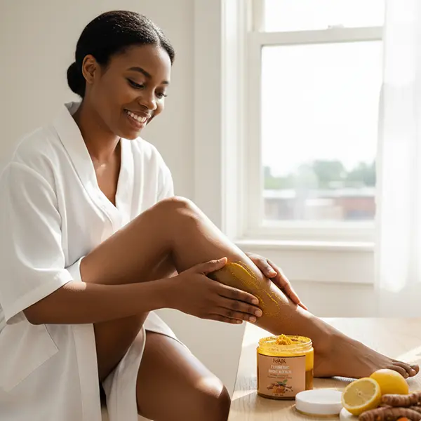 Applying Kaik Turmeric Body Scrub to legs